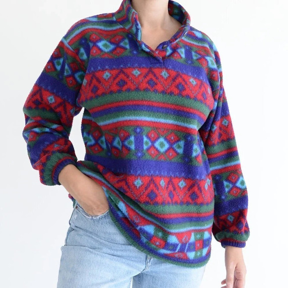 Vintage Metro Express Fleece Southwestern Geometric Aztec Pullover Sweater M - Picture 3 of 12